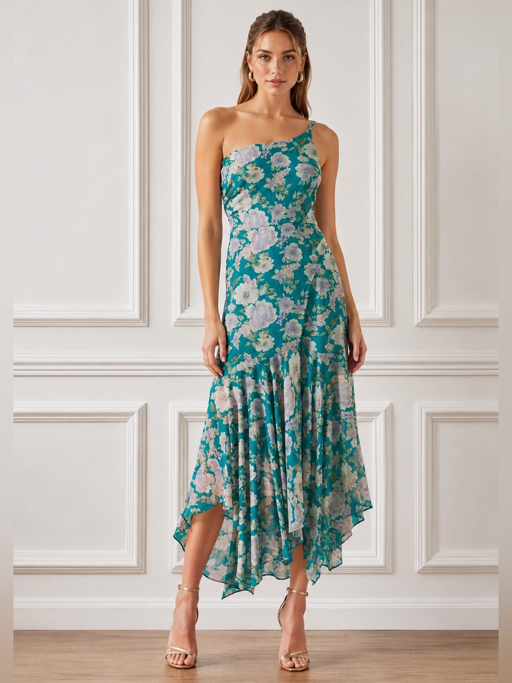 Astr Emmylou Floral One Shoulder Midi Dress Size M Layered Ruffle Asymmetrical